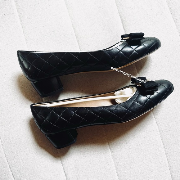 Salvatore Ferragamo Vera Q Signature Bow Quilted Low Block Heel Pumps - Picture 3 of 11